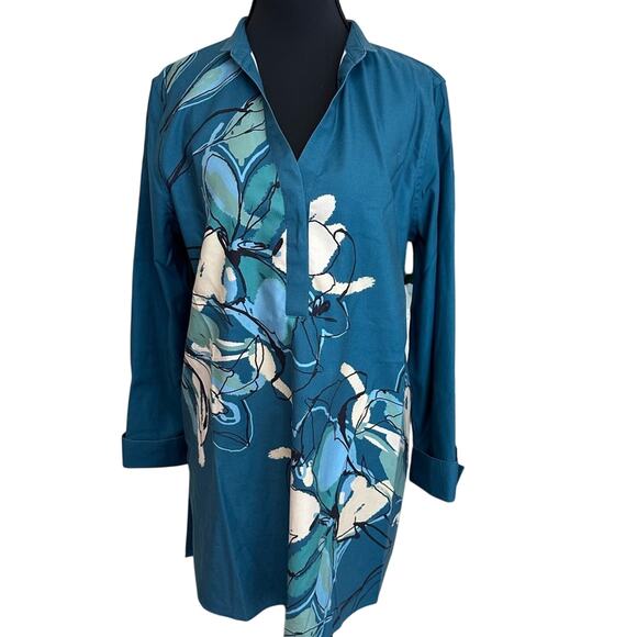 Chico's Tops - Chico’s Size 1 US 8 No Iron Stretch Tunic Top Teal Green Floral Mandarin Floral
